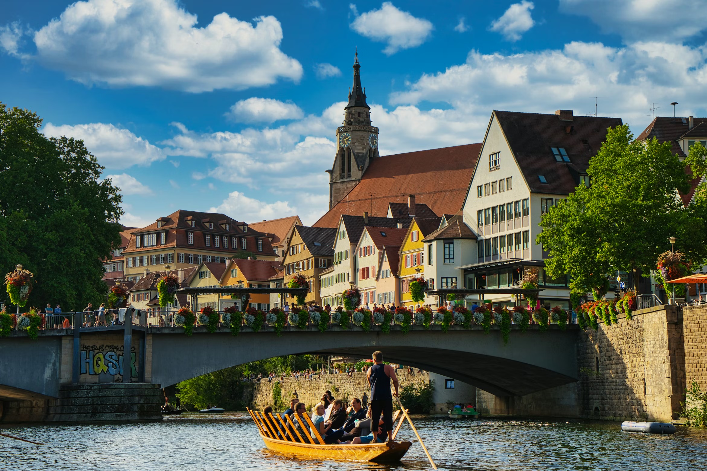 A river cruise ship passing hillside villages and vineyards on the Rhine